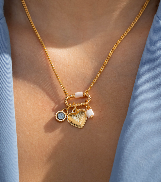 COLLAR BROCHE CORAZÓN Y CIRCONITA AZUL + AROS DE REGALO
